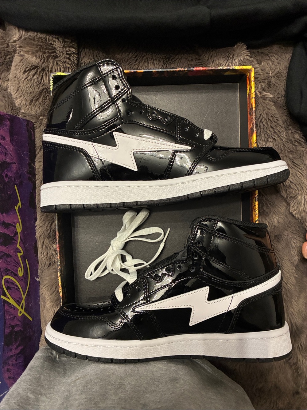 REVES SPORT KIY ‘85 HI Black Patent High-Top Sneakers w/ White Lightning Stripe